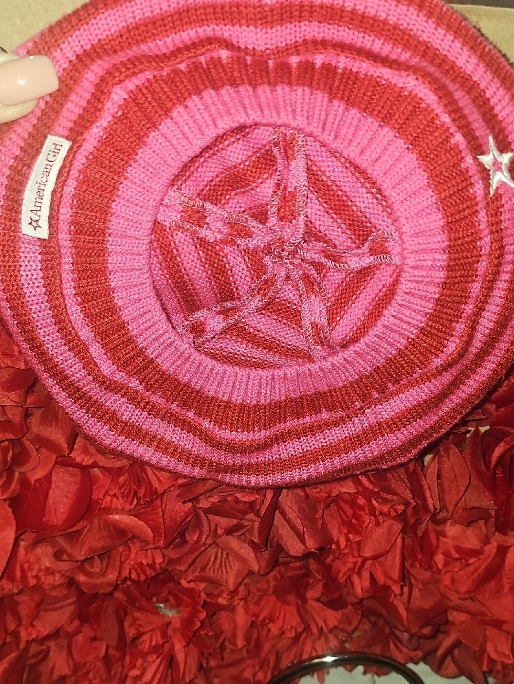 American Girl NWOT Girls Pink and Red Striped Knit Beret with Star Accent